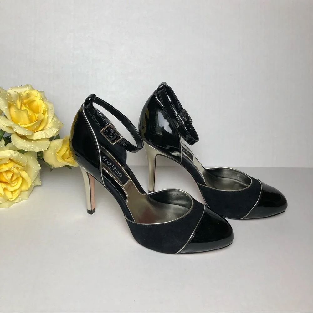 White House Black Market (WHBM) Suede Strappy Heels with Black Patent Leather - Picture 2 of 5